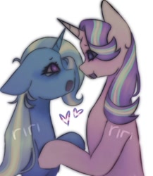 Size: 765x881 | Tagged: safe, artist:ririotz, starlight glimmer, trixie, pony, unicorn, g4, aliasing, duo, female, heart, heart eyes, height difference, horn, lesbian, looking at each other, looking at someone, looking into each others eyes, mare, obtrusive watermark, open mouth, open smile, ship:startrix, shipping, simple background, smiling, watermark, white background, wingding eyes