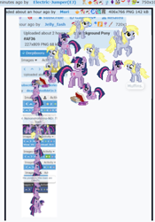 Size: 564x806 | Tagged: safe, derpy hooves, twilight sparkle, pegasus, pony, unicorn, derpibooru, g4, 8-bit, april fools, april fools 2024, book, flying, horn, meme, meta, ponies riding ponies, riding, twilight stackle, unicorn twilight