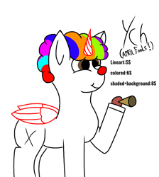 Size: 720x803 | Tagged: safe, artist:thomas.senko, alicorn, changeling, earth pony, griffon, pegasus, unicorn, afro, april fools, april fools 2024, clown, clown makeup, clown nose, female, honk, horn, male, red nose, simple background, white background