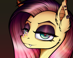 Size: 1117x894 | Tagged: safe, artist:jehr, fluttershy, bat pony, pegasus, pony, undead, vampire, derpibooru, fake it 'til you make it, g4, april fools, april fools 2024, bat ponified, clothes, commission, ear piercing, earring, eyebrows, eyeshadow, fangs, female, flutterbat, fluttergoth, goth, gradient background, halloween, holiday, jewelry, lidded eyes, lineart, looking at you, makeup, mare, meta, piercing, pink hair, pink mane, race swap, solo