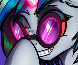 Size: 968x811 | Tagged: safe, artist:jehr, dj pon-3, vinyl scratch, pony, undead, unicorn, vampire, derpibooru, g4, april fools, april fools 2024, colored, commission, fangs, fluffy, glasses, glowing, glowing eyes, glowing horn, gradient background, grin, halloween, holiday, horn, looking at you, magic, meta, pink, race swap, red eyes, smiling, smiling at you, solo