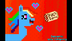 Size: 852x480 | Tagged: safe, artist:dematrix, artist:voltapony, rainbow dash, pegasus, pony, g4, animated, april fools 2024, female, floating heart, geometry dash, gradient background, heart, hot pocket, looking at something, mare, open mouth, pixel art, smiling