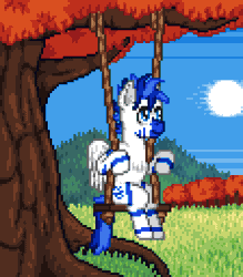 Size: 896x1024 | Tagged: safe, artist:sir_shoe, oc, oc only, oc:fifty percent, hybrid, zony, animated, gif, grass, male, pixel art, solo, stallion, swing, tree