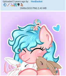 Size: 1080x1246 | Tagged: safe, artist:honeybee, edit, cozy glow, pegasus, pony, rabbit, g4, alternate hairstyle, animal, april fools, april fools 2024, commission, cozybetes, cozylove, cuddling, cute, eyes closed, female, filly, foal, gradient background, heart, ych result