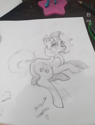 Size: 720x952 | Tagged: safe, oc, oc only, oc:sour cherry, pony, unicorn, black and white, brown eyes, butt, dock, ear piercing, earring, featureless crotch, female, freckles, grayscale, heart, horn, jewelry, lidded eyes, lip bite, looking back, mare, messy mane, monochrome, oc focus, pencil, pencil drawing, photo, piercing, plot, png, profile, raised tail, reference sheet, sitting, sketch, smiling, solo, spanish text, sultry, sultry pose, tail, traditional art