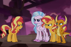Size: 2000x1333 | Tagged: safe, artist:emeraldblast63, silverstream, smolder, sunset shimmer, classical hippogriff, dragon, hippogriff, pony, unicorn, comic:the tale of two sunsets, equestria girls, g4, angry, counterparts, evil grin, grin, hand on hip, horn, human sunset, missing horn, necklace, seashell necklace, smiling, story included, text, wall of text