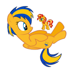 Size: 400x400 | Tagged: safe, artist:mlpfan3991, sunset shimmer, oc, oc:flare spark, pegasus, unicorn, g4, april fools 2024, female, gold skin, horn, lying down, pixel art, prone, simple background, small pony, sprite, transparent background