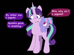 Size: 1337x1001 | Tagged: safe, artist:partyponypower, starlight glimmer, wind sprint, pegasus, pony, unicorn, g4, alternate universe, black background, duo, female, horn, mother and child, mother and daughter, s5 starlight, simple background, speech bubble