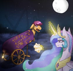 Size: 1097x1067 | Tagged: safe, artist:elementalsiri, princess celestia, scootaloo, alicorn, pegasus, pony, g4, cannon, fuse, glowing, glowing horn, handkerchief, horn, implied scootabuse, jewelry, magic, magic aura, moon, pony cannonball, redraw, regalia, telekinesis, this will end in tears and/or a journey to the moon, to the moon, trollestia