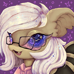 Size: 2935x2935 | Tagged: safe, artist:larvaecandy, oc, oc:aurora blossom, bat pony, clothes, commission, glasses, hoodie, icon, moon eyes, solo, sparkly eyes, white mane, wingding eyes