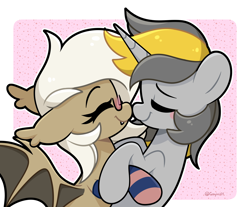 Size: 3912x3236 | Tagged: safe, artist:goyini01, oc, oc only, oc:aurora blossom, oc:venture heart, bat pony, unicorn, boop, clothes, horn, noseboop, ship:venturora, socks, striped socks