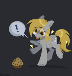 Size: 1200x1256 | Tagged: safe, artist:inzomniak, derpy hooves, pegasus, pony, g4, :p, cute, derpabetes, exclamation point, eye clipping through hair, eyebrows, eyebrows visible through hair, female, food, gray background, mare, muffin, signature, simple background, solo, standing on two hooves, stars, tongue out