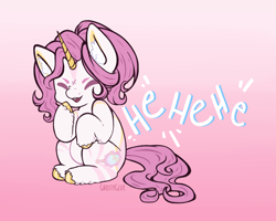 Size: 1280x1024 | Tagged: safe, artist:ghostyglue, oc, oc only, pony, unicorn, colored hooves, commission, ear fluff, female, gold hooves, gradient background, hooves, horn, laughing, mare, open mouth, pink hair, solo, text, unshorn fetlocks, ych result