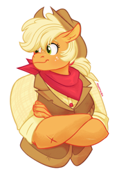 Size: 889x1313 | Tagged: safe, artist:pigeorgien, applejack, earth pony, anthro, g4, applejack's hat, bandana, clothes, cowboy hat, crossed arms, female, hat, mare, shirt, simple background, solo, vest, white background