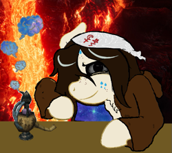Size: 621x555 | Tagged: safe, artist:atomgatherer, edit, edited edit, oc, oc only, oc:atom gatherer, chest fluff, creepy, creepy eyes, freckles, hat, hellscape, hoodie, oversized clothes, oversized hoodie, purgatory, skooma, skooma addiction, smoking, stains, sweat, sweaty face, trippy, universe