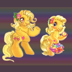 Size: 900x900 | Tagged: safe, artist:larvaecandy, butterscotch (g3), earth pony, pony, g3, basket, bipedal, blonde mane, blonde tail, blushing, butterscotch, chest fluff, curly mane, curly tail, duo, duo female, easter, easter egg, egg, female, flower, flower in hair, heart, heart eyes, heart mark, hoof hold, long mane, long tail, looking at you, mare, open mouth, open smile, patterned background, self paradox, self ponidox, smiling, smiling at you, tail, wingding eyes, yellow coat, yellow eyes, yellow mane, yellow tail