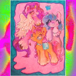 Size: 1080x1080 | Tagged: safe, artist:larvaecandy, izzy moonbow, pipp petals, sunny starscout, earth pony, pegasus, pony, unicorn, g5, abstract background, alternate eye color, bag, blue mane, blush scribble, blushing, bracelet, braid, braided ponytail, coat markings, colored ear fluff, colored hooves, colored horn, colored pupils, colored wings, curly mane, curly tail, ear fluff, eye clipping through hair, eyes closed, female, flying, headpiece, horn, jewelry, mare, open mouth, open smile, orange coat, partially open wings, pink coat, pink eyes, ponytail, profile, purple eyes, purple mane, purple tail, rearing, saddle bag, smiling, socks (coat markings), tail, tied mane, traditional art, trio, trio female, unicorn horn, unshorn fetlocks, wingding eyes, wings