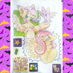 Size: 1080x1080 | Tagged: safe, artist:larvaecandy, fluttershy, bat, fruit bat, pegasus, pony, g4, abstract background, bust, chest fluff, colored ear fluff, colored eyebrows, colored mouth, colored pencil drawing, curly mane, cute, cute little fangs, duality, duo, duo female, ear fluff, ear tufts, emanata, fangs, female, hoof out, looking at someone, mare, neck fluff, open mouth, open smile, passepartout, pink mane, profile, self paradox, self ponidox, short hair fluttershy, short mane, smiling, spread wings, sticker, teal eyes, traditional art, wingding eyes, wings, yellow coat