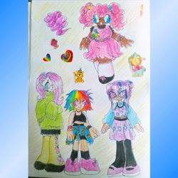 Size: 1080x1080 | Tagged: safe, artist:larvaecandy, fluttershy, pinkie pie, rainbow dash, twilight sparkle, human, g4, abstract background, blue eyes, bracelet, clothes, colored eyebrows, colored pencil drawing, cutie mark on clothes, dark skin, dress, female, group, hair bun, humanized, jewelry, kneesocks, leggings, light skin, mary janes, multicolored hair, narrowed eyes, open mouth, open smile, pale skin, pigtails, pink eyes, pink hair, purple hair, quartet, rainbow hair, shirt, shoes, short hair, short hair rainbow dash, skirt, smiling, smoldash, sneakers, socks, sports bra, sticker, sweater, sweatershy, tallershy, tan skin, traditional art, wingding eyes