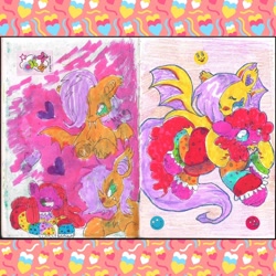 Size: 1080x1080 | Tagged: safe, artist:larvaecandy, fluttershy, pinkie pie, bat pony, earth pony, pony, g4, abstract background, bat ponified, blue eyes, chest fluff, clown outfit, colored hooves, colored pencil drawing, colored pinnae, curly mane, curly tail, duality, ear tufts, female, floating heart, flutterbat, hatching (technique), heart, heart ears, long mane, long tail, mare, marker drawing, pink coat, pink mane, pink tail, pinkamena diane pie, race swap, shiny mane, shiny tail, sitting, sketch, sketch dump, spread wings, sticker, tail, traditional art, triality, unshorn fetlocks, wingding eyes, wings, yellow coat
