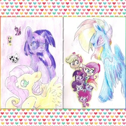 Size: 1080x1080 | Tagged: safe, artist:larvaecandy, applejack, fluttershy, pinkie pie, rainbow dash, rarity, twilight sparkle, pegasus, pony, unicorn, g4, g4.5, blue coat, bust, colored pencil drawing, colored pinnae, colored sketch, eyelashes, female, glasses, heart ears, horn, leg fluff, mane six, mare, multicolored hair, multicolored mane, patterned background, pink eyes, pink mane, profile, purple coat, purple eyes, purple mane, rainbow hair, raised hooves, round glasses, sketch, sketch dump, small horn, smiling, spread wings, sticker, teal eyes, traditional art, two toned mane, unicorn horn, unicorn twilight, unshorn fetlocks, wavy mane, wingding eyes, wings, yellow coat
