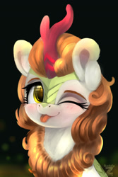Size: 1200x1800 | Tagged: safe, artist:darksly, autumn blaze, kirin, g4, ;p, awwtumn blaze, blushing, cute, female, horn, kirinbetes, looking at you, one eye closed, smiling, smiling at you, solo, tongue out, wink, winking at you