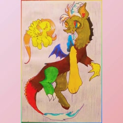 Size: 1080x1080 | Tagged: safe, artist:larvaecandy, discord, fluttershy, draconequus, pony, g4, alternate eye color, colored eyebrows, colored eyelashes, colored pencil drawing, duo, duo male and female, eyes closed, female, long mane, long tail, looking at someone, male, mare, marker drawing, multicolored eyes, pink background, pink mane, pink tail, shiny mane, shiny tail, simple background, size difference, smiling, spread wings, tail, traditional art, wings, yellow coat