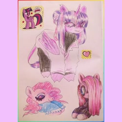 Size: 1080x1080 | Tagged: safe, artist:larvaecandy, pinkie pie, twilight sparkle, alicorn, earth pony, pony, g4, blue eyes, border, clothes, cloven hooves, colored pencil drawing, colored pinnae, curly mane, duality, eye clipping through hair, eyelashes, eyes closed, eyeshadow, female, floating heart, folded wings, glasses, group, hair bun, heart, lab coat, leonine tail, looking at you, makeup, mare, multicolored mane, multicolored tail, nightgown, pink coat, pink mane, pinkamena diane pie, purple coat, purple eyes, quartet, round glasses, shiny mane, shiny tail, small glasses, smiling, standing, staring into your soul, sticker, straight mane, sweater, tail, tied mane, traditional art, turtleneck, wingding eyes, wings