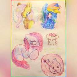 Size: 1080x1080 | Tagged: safe, artist:larvaecandy, fluttershy, pinkie pie, rainbow dash, pegasus, pony, g4, abstract background, blue coat, blue eyes, bust, chest fluff, colored pinnae, colored sketch, female, frown, lidded eyes, lying down, mare, multicolored hair, multicolored mane, pink coat, pink eyes, pink mane, pink tail, pinkamena diane pie, profile, prone, rainbow hair, sketch, sketch dump, sticker, straight mane, tael eyes, tail, traditional art, wavy mane, wingding eyes, yellow coat
