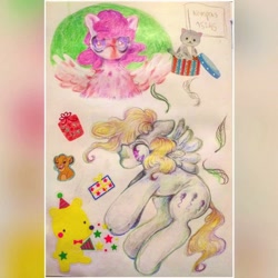 Size: 1080x1080 | Tagged: safe, artist:larvaecandy, pinkie pie (g3), starsong, pegasus, pony, g3, abstract background, blonde mane, blonde tail, colored pencil drawing, colored pinnae, cream coat, curly mane, curly tail, female, looking at you, mare, no mouth, purple coat, purple eyes, purple mane, spread wings, staring into your soul, sticker, tail, traditional art, wings, zoom layer