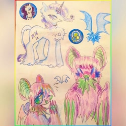 Size: 1080x1080 | Tagged: safe, artist:larvaecandy, rarity, oc, bat, classical unicorn, pony, unicorn, g4, alternate design, alternate eye color, chest fluff, choker, cloven hooves, colored horn, colored pencil drawing, colored pinnae, female, horn, leonine tail, long tail, mare, non-pony oc, profile, purple eyes, purple mane, purple tail, shiny mane, shiny tail, short mane, smiling, sticker, tail, tail fluff, traditional art, trio, unshorn fetlocks, white coat