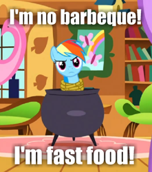 Size: 530x600 | Tagged: safe, edit, edited screencap, screencap, rainbow dash, pegasus, pony, g4, magical mystery cure, season 3, adventures of sonic the hedgehog, angry, caption, cauldron, fluttershy's cottage (interior), image macro, person as food, sonic the hedgehog (series), text, tied up