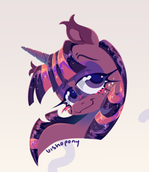 Size: 1102x1267 | Tagged: safe, artist:bishopony, twilight sparkle, pony, unicorn, g4, blush scribble, blushing, bust, female, freckles, gradient background, lidded eyes, looking at you, mare, signature, smiling, smiling at you, solo, unicorn twilight