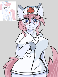 Size: 1536x2048 | Tagged: safe, artist:flinnfelton, nurse redheart, earth pony, anthro, g4, arm hooves, big breasts, blush lines, blushing, breasts, busty nurse redheart, clothes, female, gray background, hoof hold, nurse outfit, simple background, smiling, solo, syringe, unshorn fetlocks, wide hips