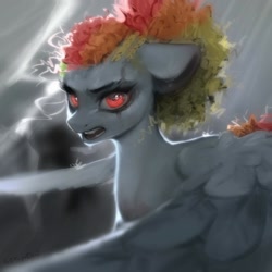 Size: 1440x1440 | Tagged: safe, artist:505p0ni, rainbow dash, pegasus, pony, g4, alternate hairstyle, eye scar, facial scar, female, lightning, looking at you, mare, open mouth, rain, scar, solo, spread wings, wings