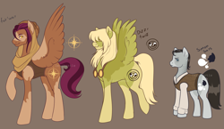 Size: 2627x1524 | Tagged: safe, artist:lesghostie, oc, oc only, oc:dizzy twist, oc:far'way, oc:simon says, earth pony, pegasus, pony, brown background, coat markings, crack ship offspring, goggles, goggles around neck, magical gay spawn, male, offspring, parent:daring do, parent:derpy hooves, parent:hoo'far, parent:quibble pants, parent:sans smirk, parent:zephyr breeze, parents:dar'far, parents:derpybreeze, parents:quibblesmirk, raised hoof, simple background, socks (coat markings), spread wings, stallion, trio, wings