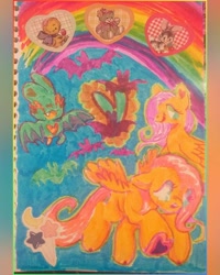 Size: 640x800 | Tagged: safe, artist:larvaecandy, fluttershy, bat, pegasus, pony, g4, adorabat, amputee, colored hooves, colored pinnae, crossover, fangs, female, heart ears, hoof heart, mao mao: heroes of pure heart, mare, marker drawing, open mouth, partially open wings, pink mane, pink tail, profile, prosthetic leg, prosthetic limb, prosthetics, rainbow, running, shiny mane, shiny tail, sitting, smiling, sticker, tail, teal eyes, traditional art, trio, trio female, underhoof, wingding eyes, wings, yellow coat