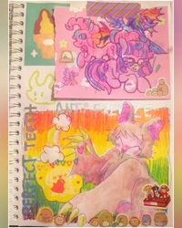 Size: 640x800 | Tagged: safe, artist:larvaecandy, pinkie pie, rainbow dash, twilight sparkle, earth pony, pegasus, pony, unicorn, g4, colored pencil drawing, colored sketch, female, group, horn, lying down, mare, marker drawing, profile, prone, quartet, raised hoof, sketch, sketch dump, smiling, spread wings, standing, sticker, traditional art, unicorn twilight, wingding eyes, wings