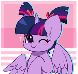 Size: 3964x3766 | Tagged: safe, artist:kittyrosie, twilight sparkle, alicorn, pony, g4, abstract background, alternate hairstyle, blush lines, blushing, bust, cute, ear fluff, female, floating heart, hair tie, heart, heart eyes, high res, horn, looking at you, mare, one eye closed, outline, partially open wings, passepartout, pigtails, raised hoof, signature, smiling, smiling at you, solo, tied mane, twiabetes, twilight sparkle (alicorn), wing fluff, wingding eyes, wings, wink, winking at you