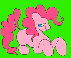 Size: 320x258 | Tagged: safe, artist:larvaecandy, pinkie pie, earth pony, pony, g4, blue eyes, curly mane, curly tail, eyestrain warning, female, green background, jumping, lidded eyes, mare, missing cutie mark, ms paint, pink coat, pink mane, pink tail, profile, saturated, simple background, smiling, solo, tail, wingding eyes