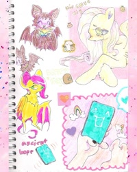 Size: 640x801 | Tagged: safe, artist:larvaecandy, fluttershy, bat, pegasus, pony, g4, colored eyebrows, colored pencil drawing, colored pinnae, colored pupils, colored sclera, crying, female, frown, green eyes, group, heart ears, leg fluff, lidded eyes, long legs, long mane, lying down, mare, marker drawing, passepartout, pink mane, purple sclera, race swap, sad, sketch, sketch dump, spread wings, teal eyes, thin legs, traditional art, wingding eyes, wings