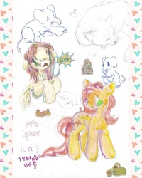 Size: 640x801 | Tagged: safe, artist:larvaecandy, fluttershy, cat, elephant, pegasus, pony, g4, alternate eye color, colored pencil drawing, colored sketch, desaturated, dialogue, duality, female, folded wings, green eyes, long mane, long tail, mare, marker drawing, pink mane, pink tail, profile, raised hooves, self paradox, self ponidox, sketch, sketch dump, speech bubble, standing, tail, text, traditional art, wavy mane, wavy tail, wingding eyes, wings, wings down, yellow coat
