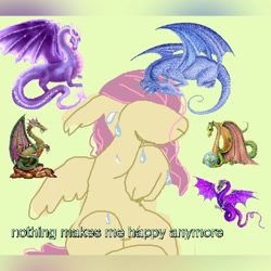 Size: 1440x1440 | Tagged: safe, artist:larvaecandy, fluttershy, pegasus, pony, g4, caption, cloven hooves, covering face, crying, ear tufts, female, green background, green text, group, long mane, mare, ms paint, one wing out, pink mane, pink tail, raised hooves, simple background, sitting, solo focus, tail, teardrop, text, wings, yellow coat