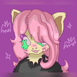 Size: 1440x1440 | Tagged: safe, artist:larvaecandy, fluttershy, anthro, g4, :3, alternate eye color, big ears, black shirt, blush scribble, blushing, bust, clothes, colored pinnae, ear fluff, eye clipping through hair, eyelashes, eyeshadow, female, green eyes, lidded eyes, looking away, makeup, mare, ms paint, neck fluff, open mouth, open smile, portrait, purple background, shirt, simple background, smiling, solo, sparkles, wingding eyes