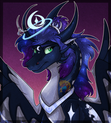 Size: 972x1080 | Tagged: safe, artist:stormy-the-dragon, princess luna, alicorn, dragon, g4, blue mane, bust, crepuscular rays, crown, curved horn, digital art, dragon wings, dragonified, ethereal mane, eyelashes, eyeshadow, feather, female, gem, green eyes, hair, horn, horns, hybrid wings, jewelry, lidded eyes, logo, looking at you, lunadragon, makeup, night, peytral, portrait, purple background, race swap, regalia, scales, simple background, smiling, smiling at you, solo, sparkles, species swap, spread wings, starry mane, stars, watermark, wings, wrong eye color