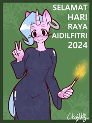 Size: 827x1106 | Tagged: safe, artist:chiefywiffy, oc, oc only, oc:chiefy, unicorn, anthro, ear piercing, female, festival, holiday, horn, peace sign, piercing, solo
