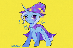 Size: 1864x1225 | Tagged: safe, artist:inzomniak, trixie, pony, unicorn, g4, blushing, brooch, cape, clothes, emanata, female, floppy ears, hat, horn, jewelry, looking at you, mare, one eye closed, raised hoof, signature, simple background, smiling, smiling at you, solo, stars, trixie's brooch, trixie's cape, trixie's hat, white pupils, wink, winking at you, yellow background