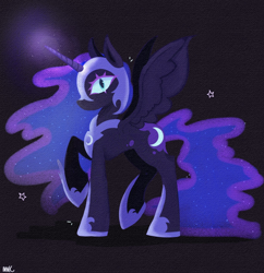 Size: 1800x1856 | Tagged: safe, artist:inzomniak, nightmare moon, alicorn, pony, g4, armor, colored eyelashes, concave belly, ethereal mane, ethereal tail, female, glowing, glowing horn, helmet, hoof shoes, horn, jewelry, looking at you, magic, mare, peytral, princess shoes, purple background, raised hoof, regalia, shadow, signature, simple background, solo, spread wings, stars, tail, wings