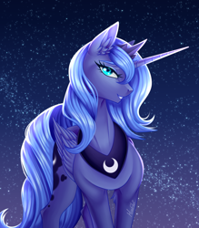 Size: 2628x3000 | Tagged: safe, artist:minelvi, princess luna, alicorn, pony, g4, blue background, blue eyes, blue mane, chest fluff, concave belly, crown, curved horn, cute, digital art, ear fluff, ethereal mane, eyelashes, eyeshadow, feather, female, flowing mane, folded wings, glowing, happy, high res, horn, jewelry, lidded eyes, looking at you, makeup, mare, moon, moonlight, night, peytral, redraw, regalia, s1 luna, signature, simple background, smiling, smiling at you, solo, sparkles, spread wings, starry mane, starry night, stars, sternocleidomastoid, teeth, wings