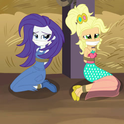 Size: 2000x2000 | Tagged: safe, artist:nie-martw-sie-o-mnie, applejack, rarity, equestria girls, g4, simple ways, applejewel, barn, bondage, boots, bound and gagged, cloth gag, clothes, dress, gag, gown, high heels, overalls, rarihick, rope, rope bondage, shoes, tied up